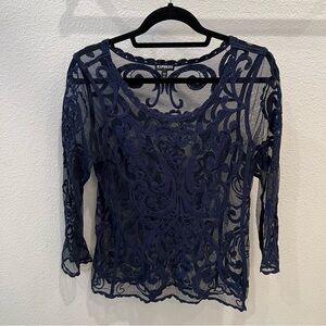 EXPRESS Sheer Long Sleeve Embroidered Blouse